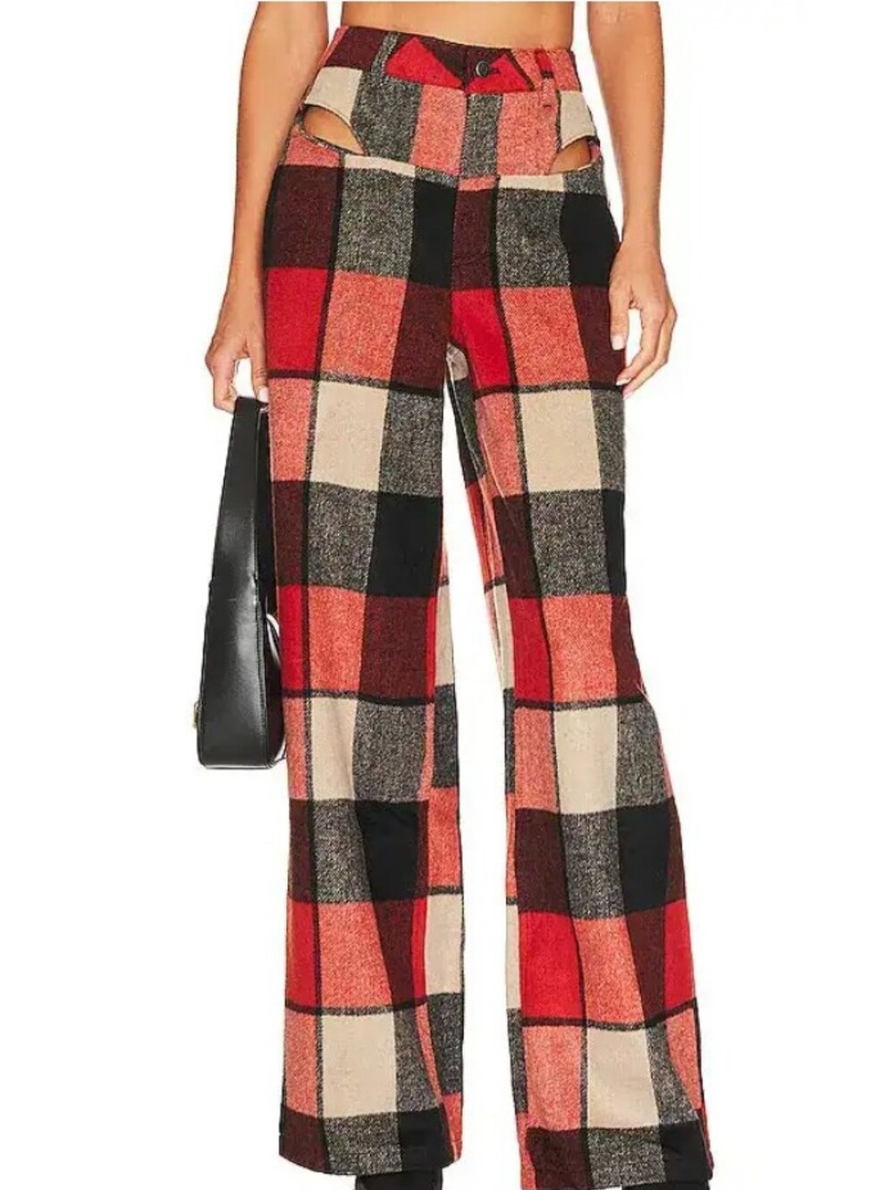 NWOT AFRM Red Black Cream Plaid High-Waist Wide-Leg Pants with Cutout